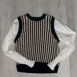 French Connection Black and Cream Striped Sweater